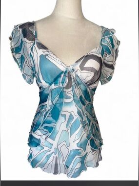 Y2K Maxine blue and white abstract print blouse with ruffle sleeves